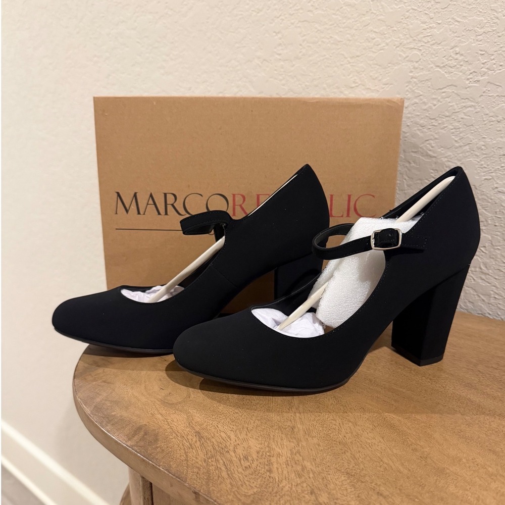 Marco Republic Monaco Heels Womens 8.5 Black Mary Jane Block Pump Faux Suede